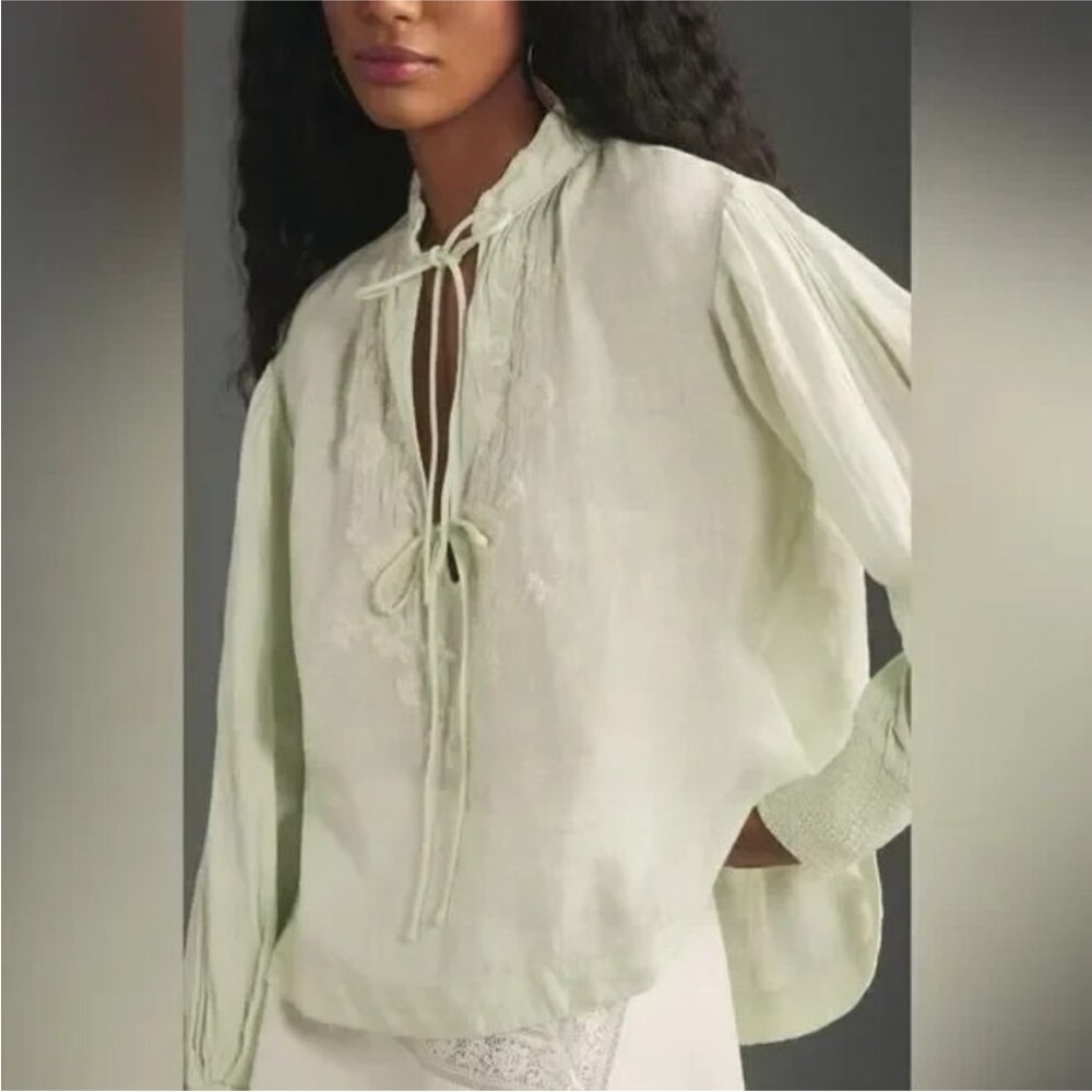 by Anthropologie Mint Green Floral Embroidered Linen Peasant Blouse M - Picture 4 of 11